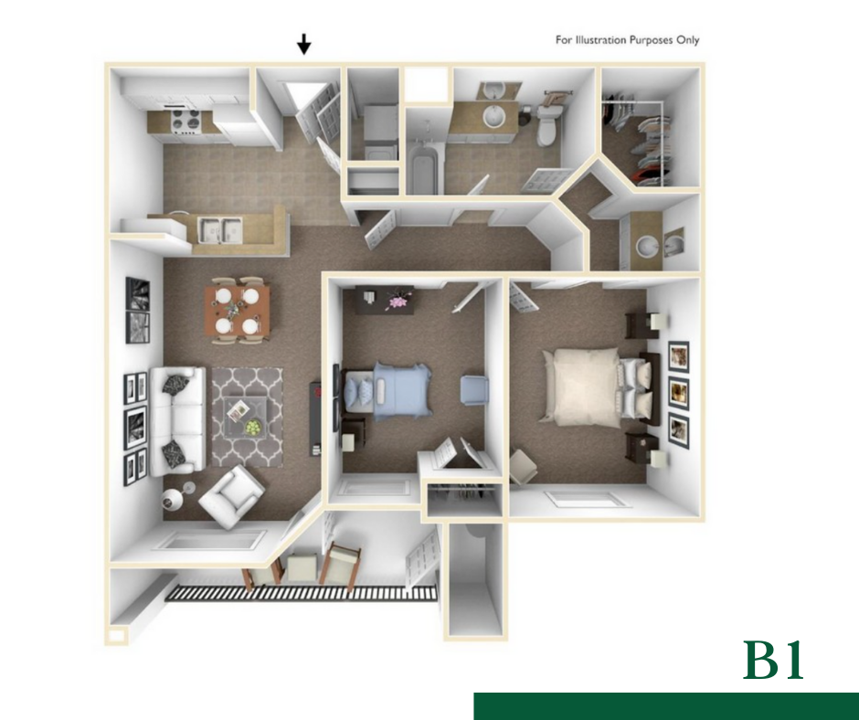 Floor plan for 2 beds, 1 bath, 887 sqft